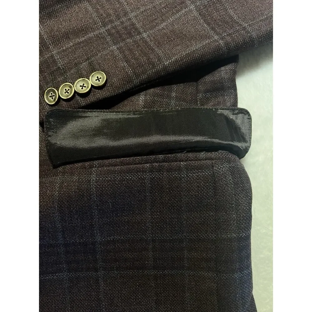 Ermenegildo Zegna Traveller Australian Wool Heathered Merlot Burgundy Plaid 44L